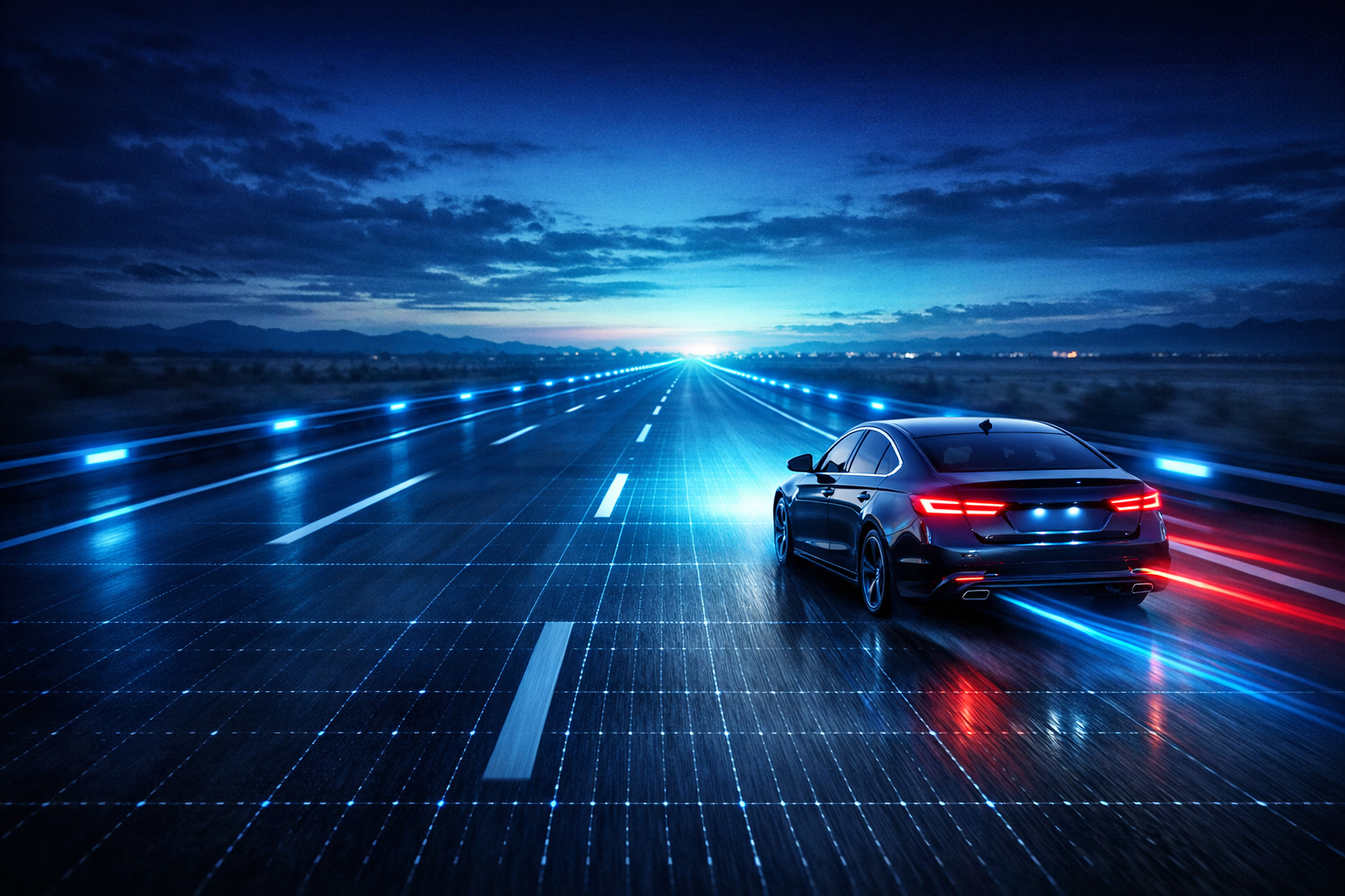 Car driving on highway with GPS tracking overlay