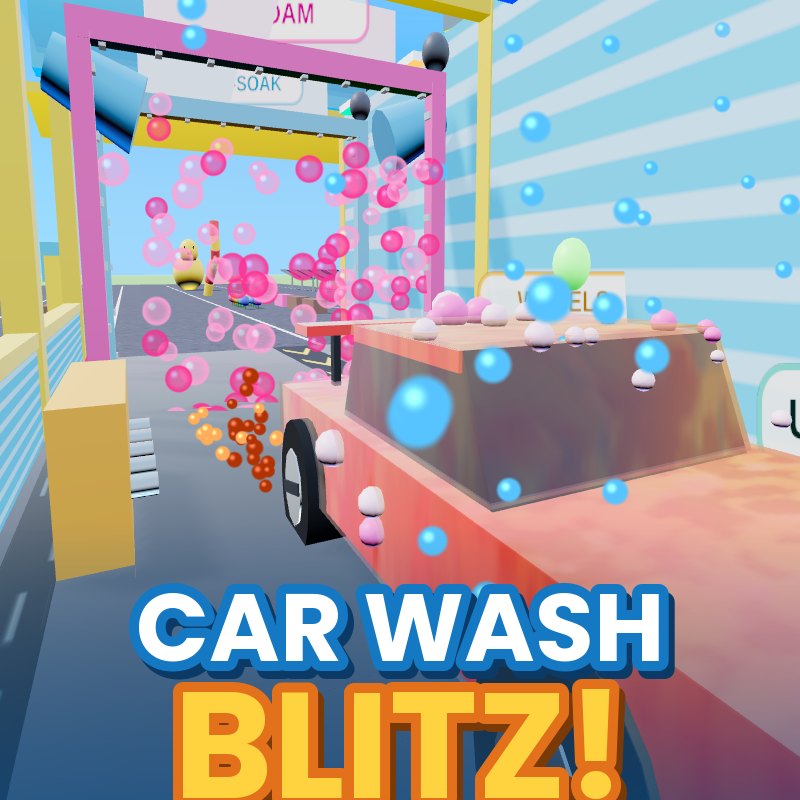 Car Wash Blitz key art: a muddy red sports car rolling into a pink foam arch