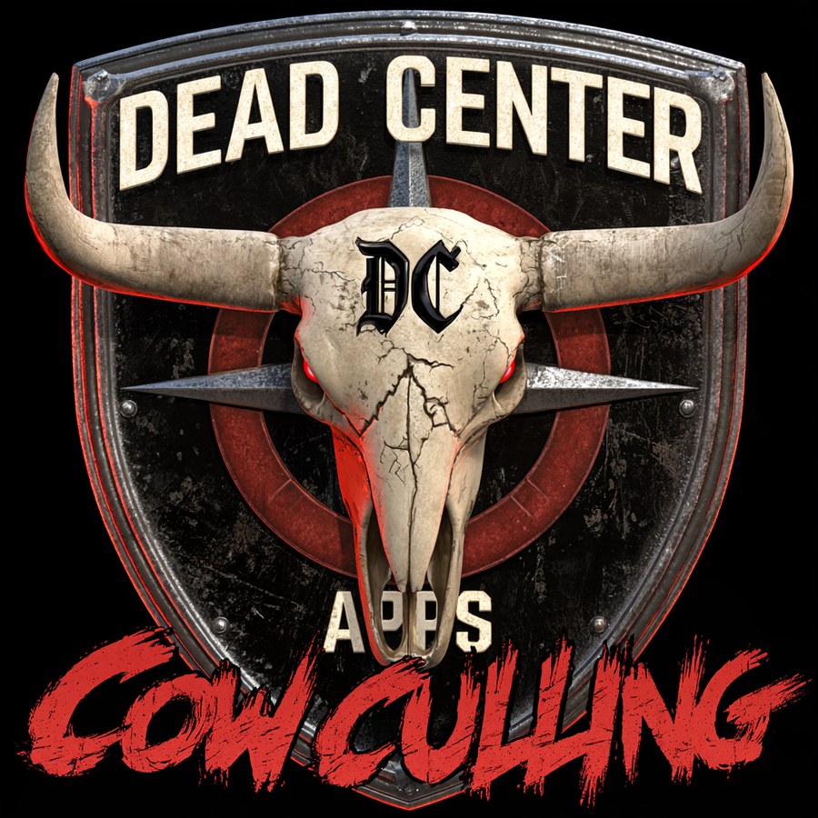Cow Culling key art: a cracked bull skull with glowing red eyes on a steel shield