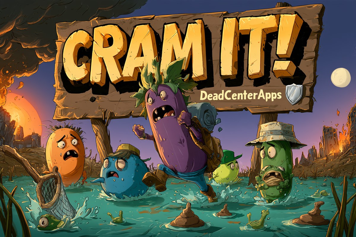 Cram-It! key art: an eggplant, a yam, a blueberry, a lime and a pickle run through a frog swamp