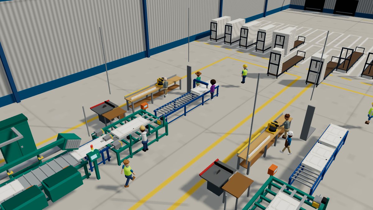 Door Shop Simulator Tycoon key art: a KVAL door machine line with a casing crew and carts of finished prehung doors