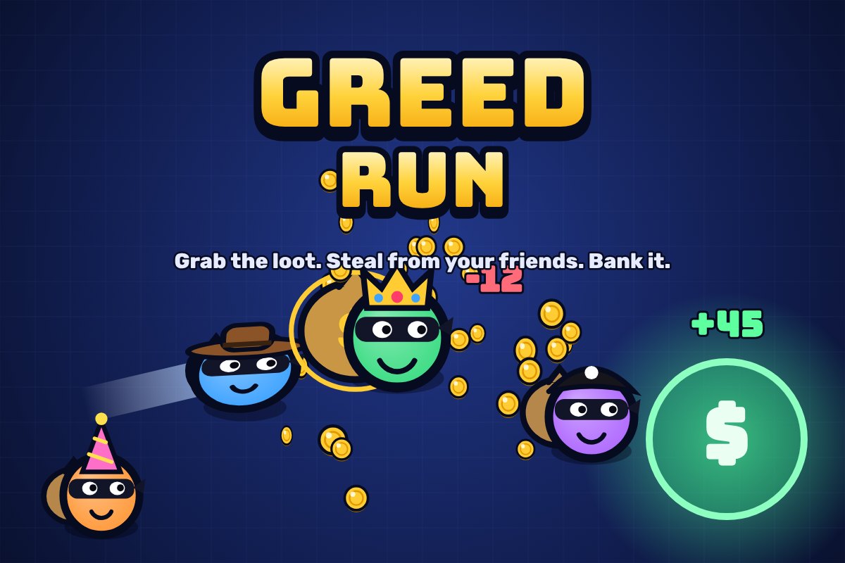 Greed Run key art: masked bandits grabbing gold coins beside a glowing green bank