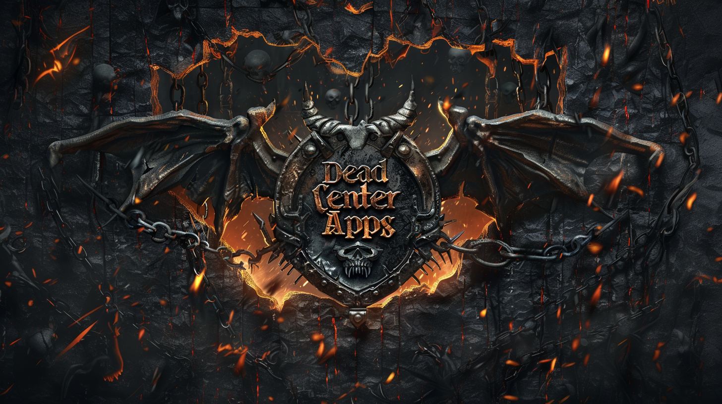 Demonic winged Dead Center Apps crest wrapped in chains and fire
