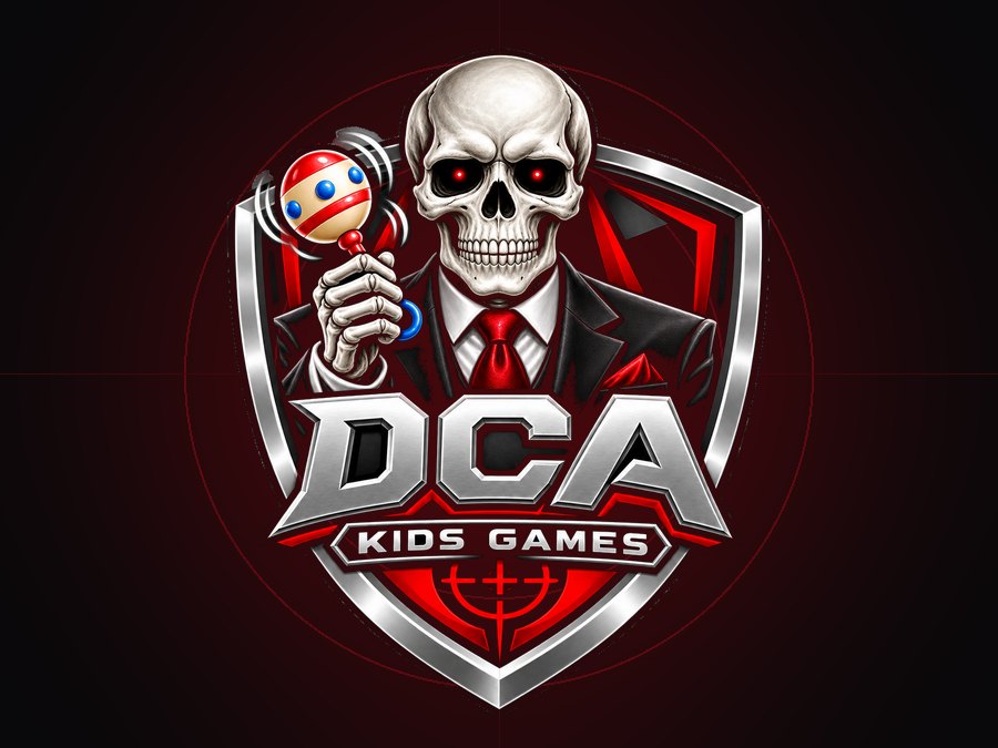 DCA Kids Games: skull in a suit shaking a baby rattle on the Dead Center Apps shield