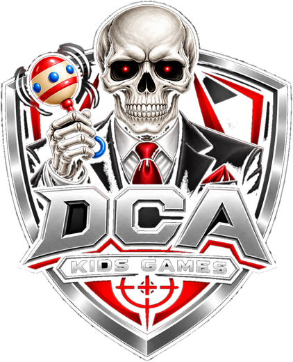 DCA Kids Games emblem: skull in a suit shaking a baby rattle