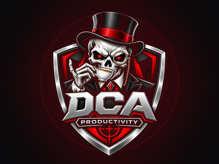 DCA Productivity: top-hat skull with monocle sipping tea on the Dead Center Apps shield