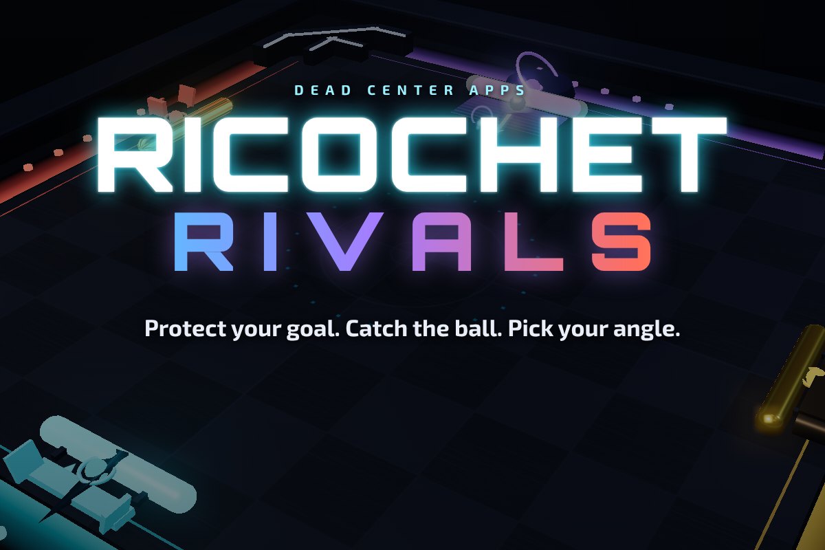 Ricochet Rivals key art: four neon defender ships around a glowing square arena with a silver ball