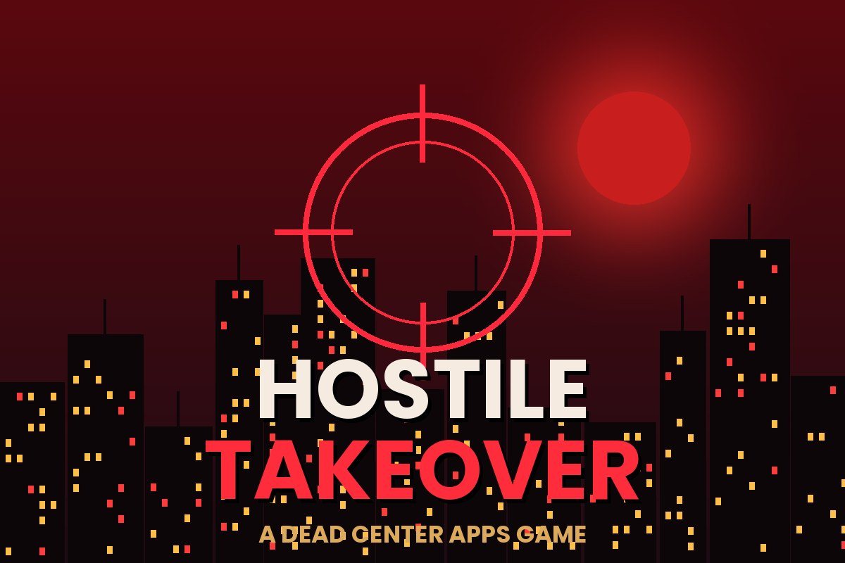 Hostile Takeover: a red crosshair over a city skyline under a blood moon